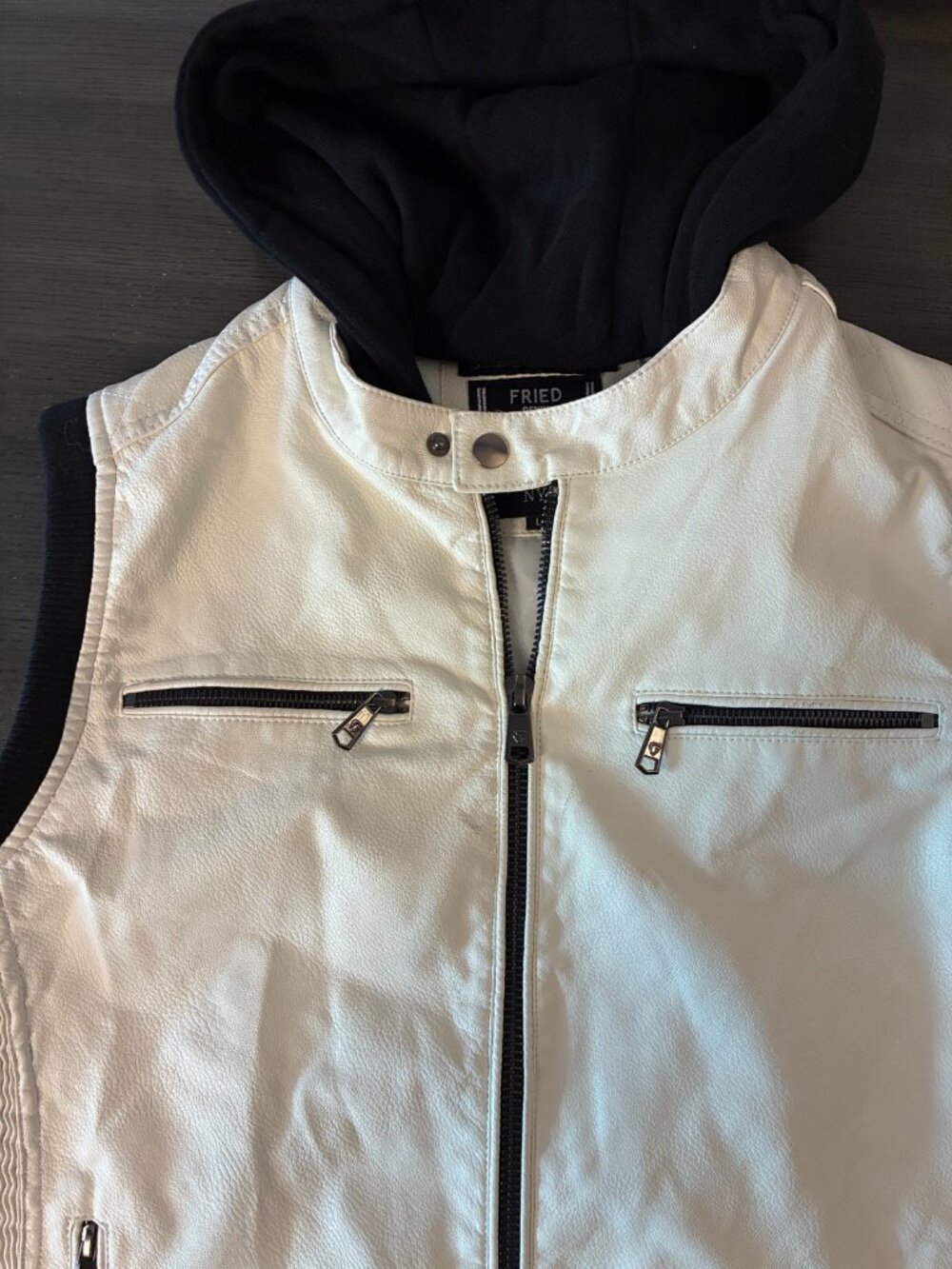 Fried Denim NYC Men's Leather-Style Hooded Vest Size L White — Faux Leather